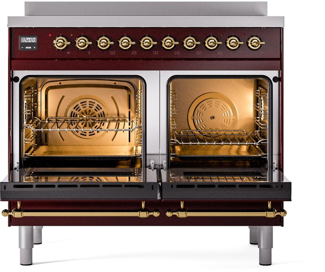 ILVE Nostalgie II 40-Inch Freestanding Electric Induction Range in Burgundy with Brass Trim (UPDI406NMPBUG)