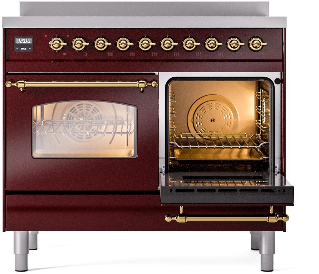 ILVE Nostalgie II 40-Inch Freestanding Electric Induction Range in Burgundy with Brass Trim (UPDI406NMPBUG)