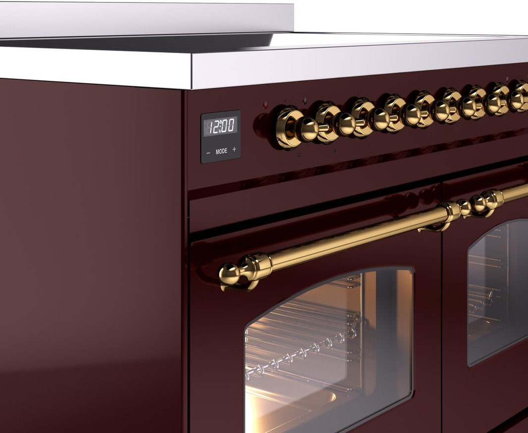 ILVE Nostalgie II 40-Inch Freestanding Electric Induction Range in Burgundy with Brass Trim (UPDI406NMPBUG)