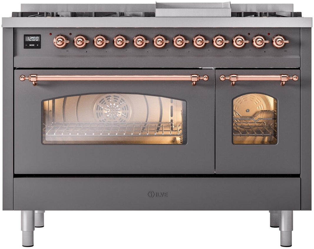 ILVE Nostalgie II 48-Inch Dual Fuel Freestanding Range in Matte Graphite with Copper Trim (UP48FNMPMGP)