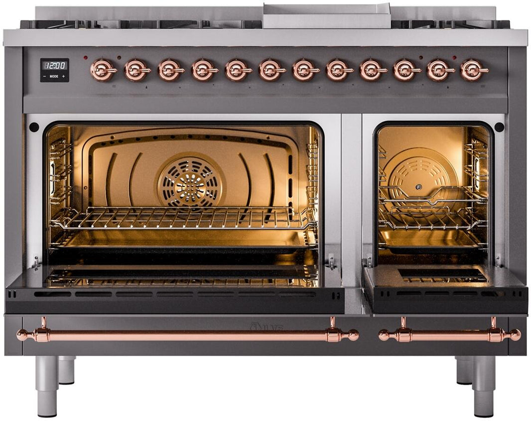 ILVE Nostalgie II 48-Inch Dual Fuel Freestanding Range in Matte Graphite with Copper Trim (UP48FNMPMGP)