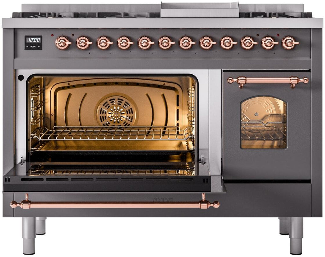 ILVE Nostalgie II 48-Inch Dual Fuel Freestanding Range in Matte Graphite with Copper Trim (UP48FNMPMGP)