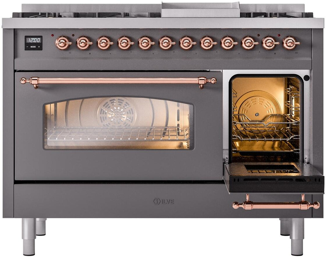 ILVE Nostalgie II 48-Inch Dual Fuel Freestanding Range in Matte Graphite with Copper Trim (UP48FNMPMGP)