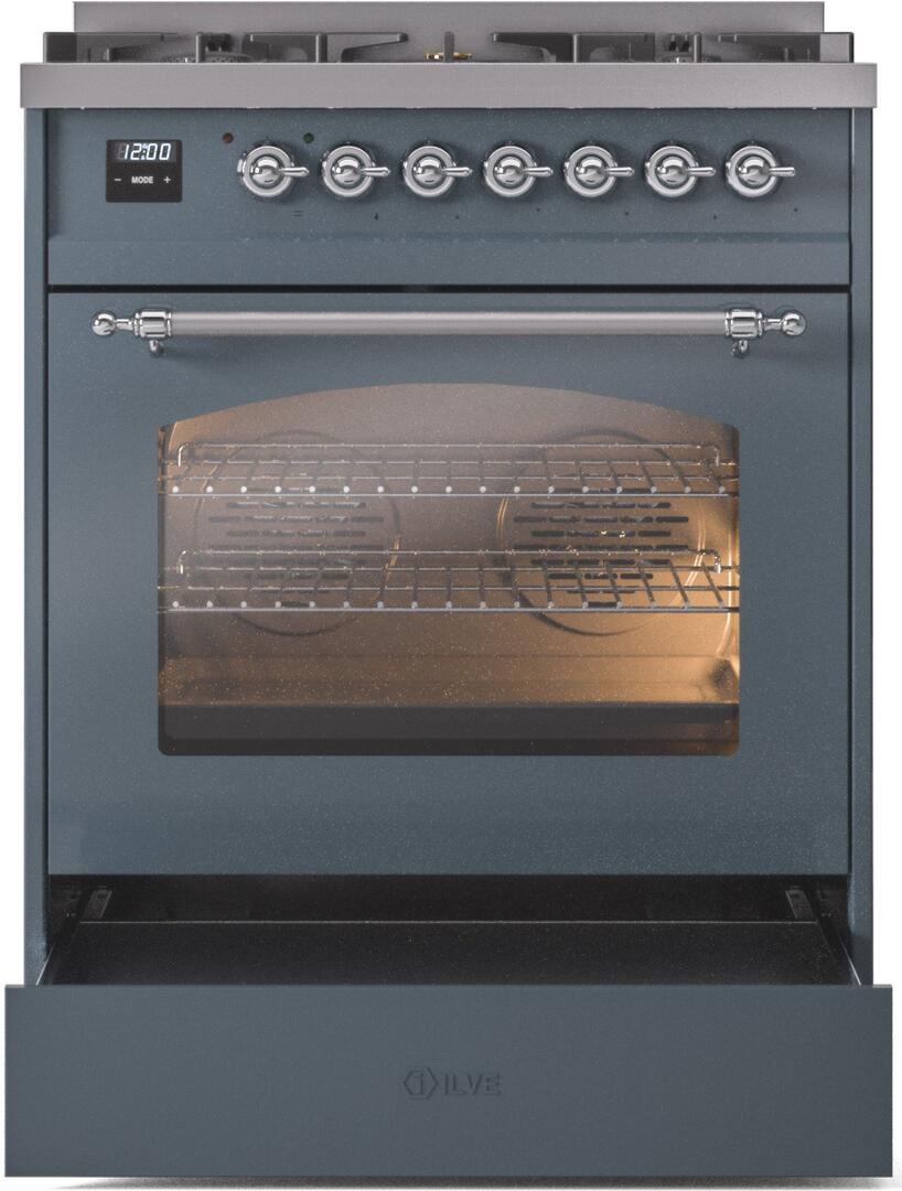 ILVE Nostalgie II 30-Inch Dual Fuel Freestanding Range in Blue Grey with Chrome Trim (UP30NMPBGC)