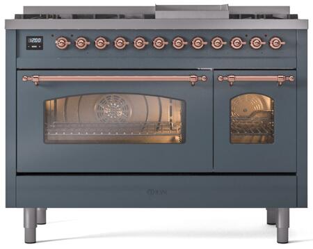 ILVE Nostalgie II 48-Inch Dual Fuel Freestanding Range in Blue Grey with Copper Trim (UP48FNMPBGP)