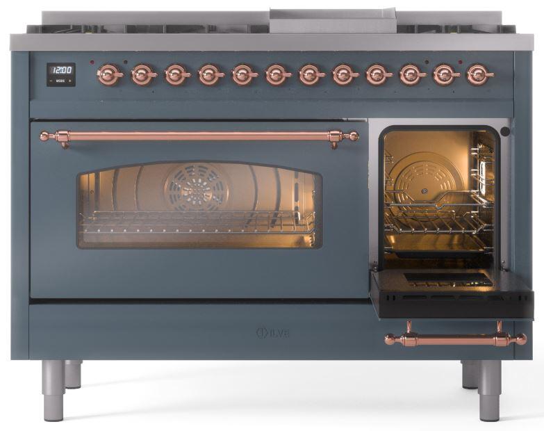 ILVE Nostalgie II 48-Inch Dual Fuel Freestanding Range in Blue Grey with Copper Trim (UP48FNMPBGP)