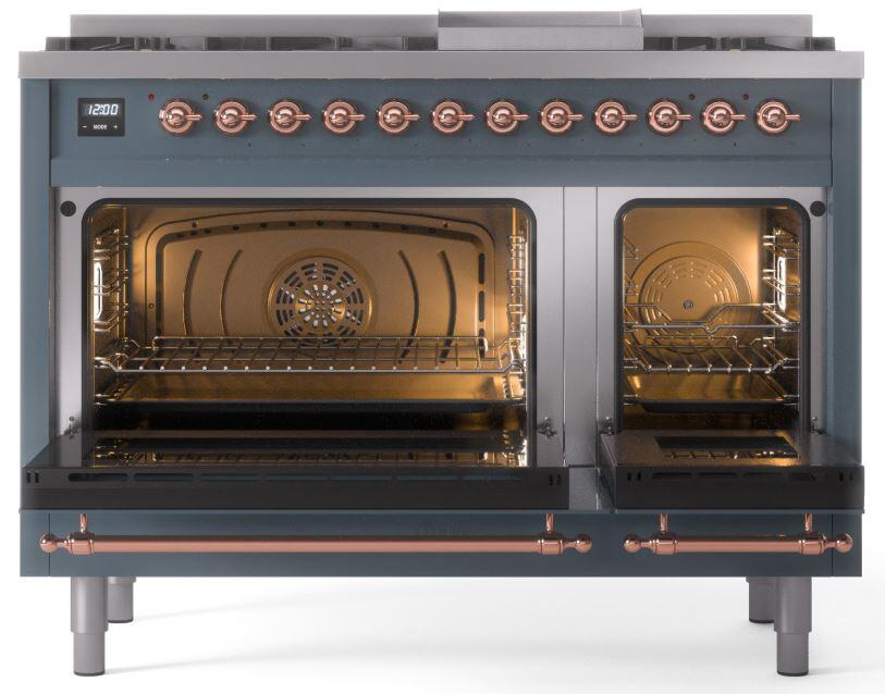 ILVE Nostalgie II 48-Inch Dual Fuel Freestanding Range in Blue Grey with Copper Trim (UP48FNMPBGP)