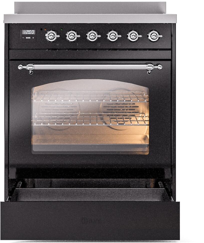 ILVE Nostalgie II 30-Inch Freestanding Electric Induction Range in Glossy Black with Chrome Trim (UPI304NMPBKC)