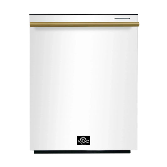 Forno Espresso Pozzo 24-Inch Built-In Tall Tub Top Control Dishwasher, 49 dBA, in White with Antique Brass Handle (FDWBI8067-24WHT)