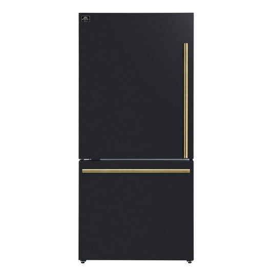 Forno Milano Espresso 31-Inch 17.2 cu. ft. Refrigerator and Bottom Freezer in Black with Antique Brass Handle, Left Hinge (FFFFD1786-31BLK)
