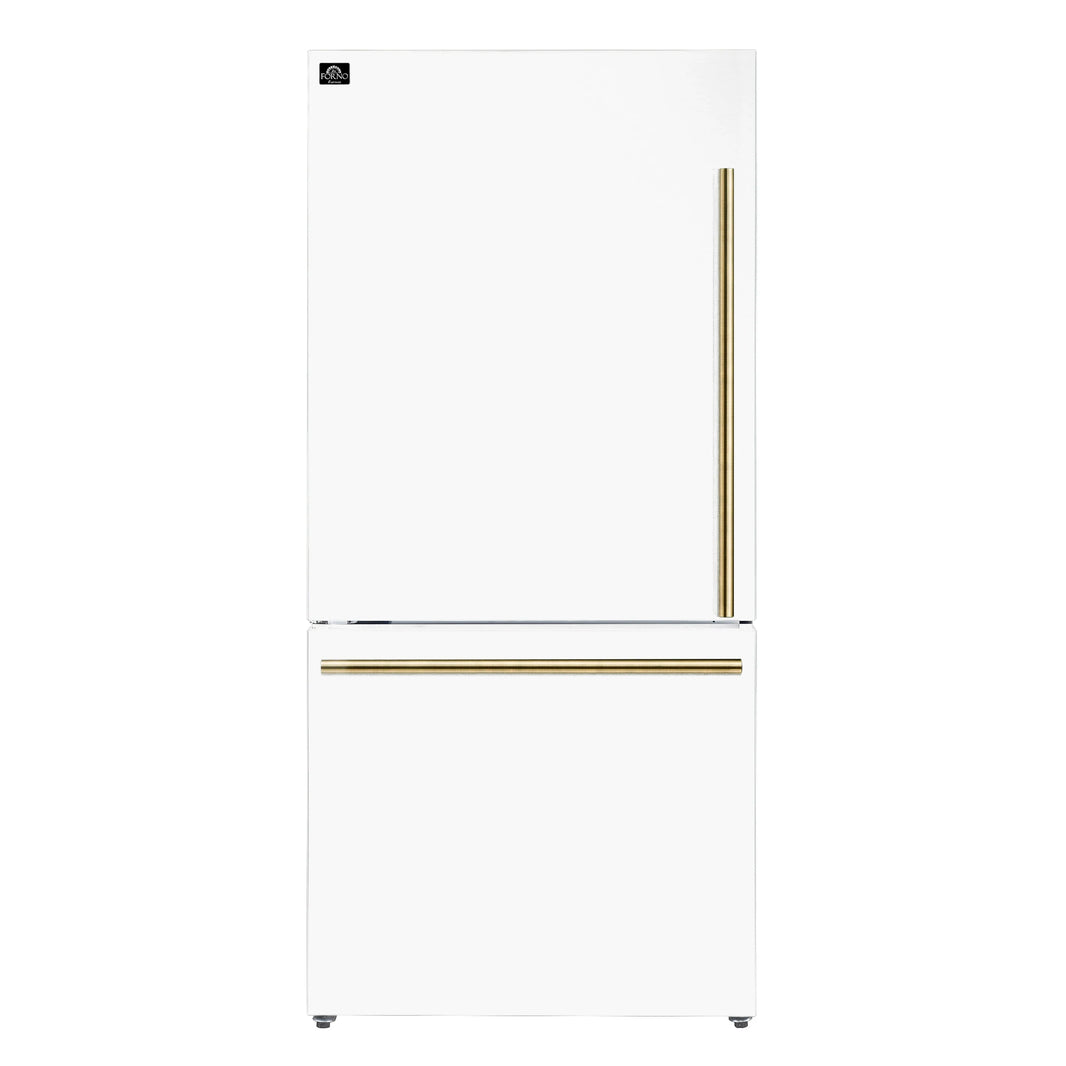 Forno Milano Espresso 31-Inch 17.2 cu. ft. Refrigerator and Bottom Freezer in White with Antique Brass Handle, Left Hinge (FFFFD1786-31WHT)