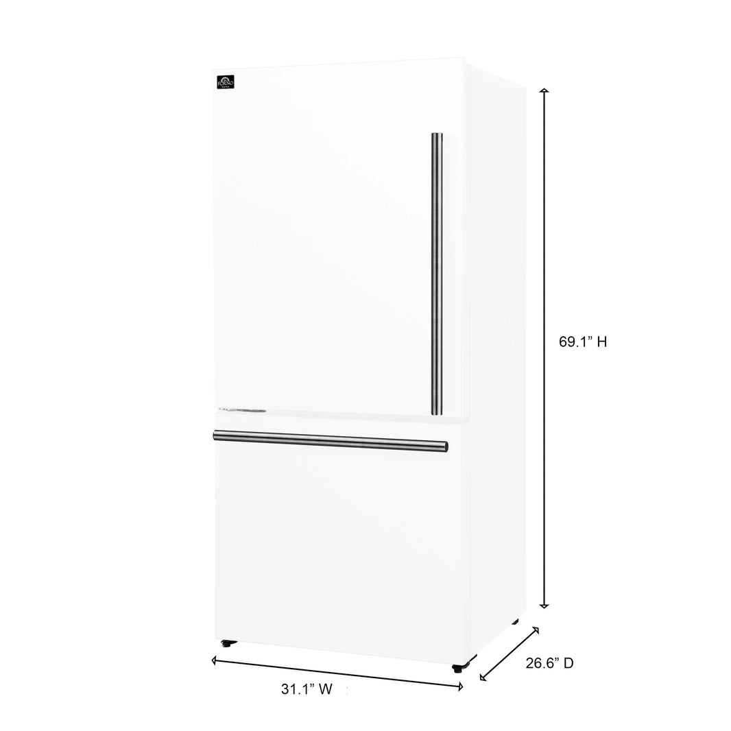 Forno Milano Espresso 31-Inch 17.2 cu. ft. Refrigerator and Bottom Freezer in White with Antique Brass Handle, Left Hinge (FFFFD1786-31WHT)