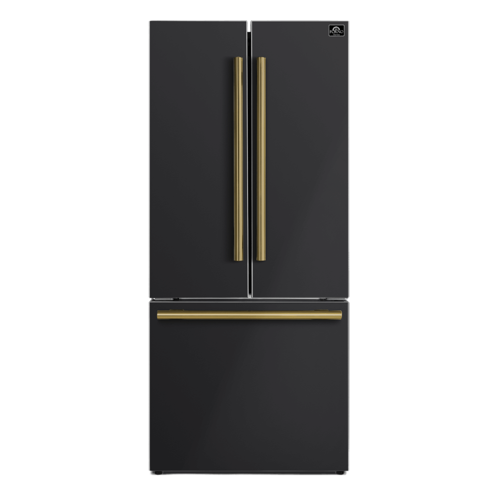 Forno Espresso Gallipoli 30-inch 17.5 cu. ft. French Door Refrigerator with Ice Maker in Black with Antique Brass Handle (FFFFD1974-31BLK)