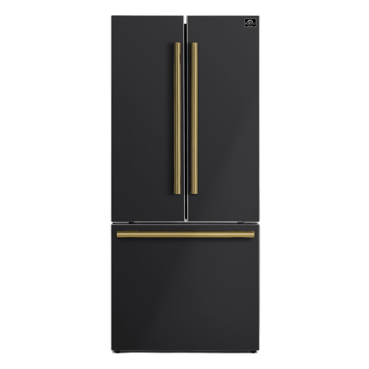 Forno Espresso Gallipoli 30-inch 17.5 cu. ft. French Door Refrigerator with Ice Maker in Black with Antique Brass Handle (FFFFD1974-31BLK)