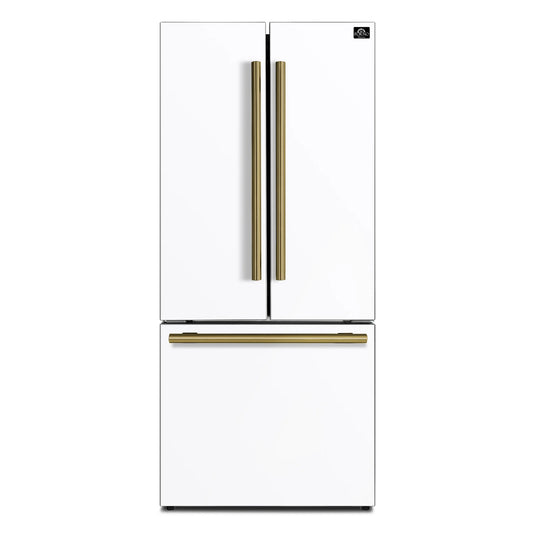 Forno Espresso Gallipoli 30-inch 17.5 cu. ft. French Door Refrigerator with Ice Maker in White with Antique Brass Handle (FFFFD1974-31WHT)