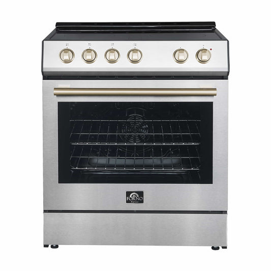 Forno Leonardo Espresso 30-Inch Electric Range with 5.0 cu. Ft. Electric Oven in Stainless Steel with Brass Trim (FFSEL6012-30)