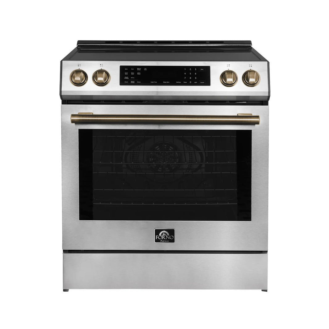 Forno Espresso Donatello 30-Inch Slide-In Induction Range in Stainless Steel with Antique Brass Handle (FFSIN0905-30)