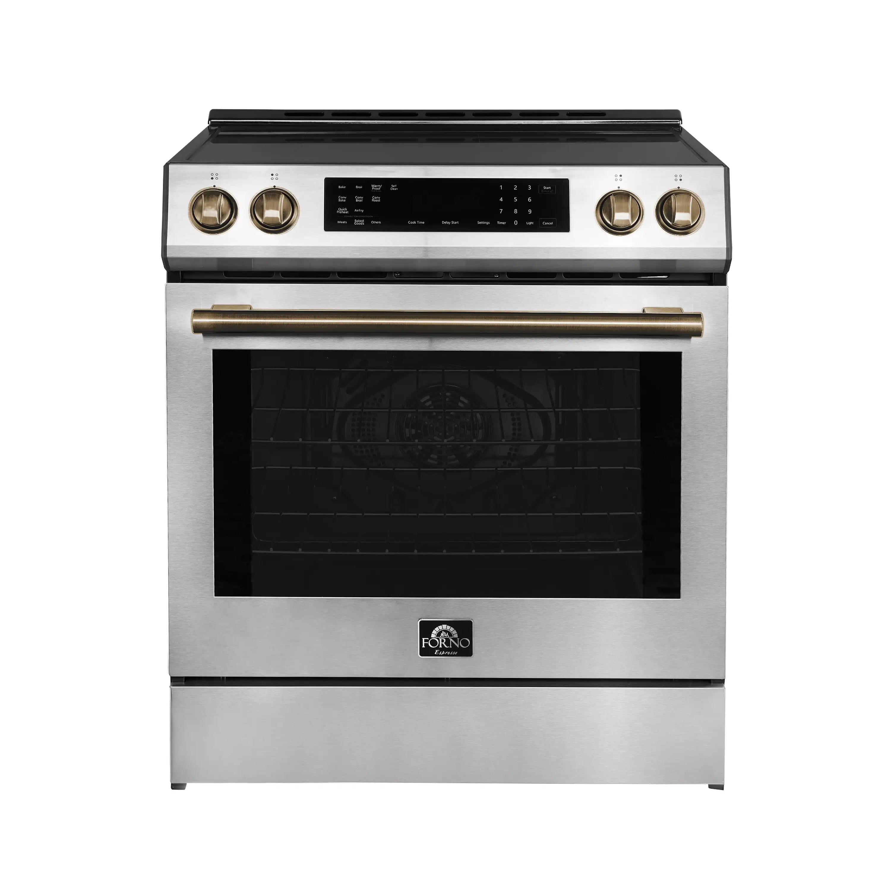 Forno Espresso Donatello 30-Inch Slide-In Induction Range in Stainless Steel with Antique Brass Handle (FFSIN0905-30)