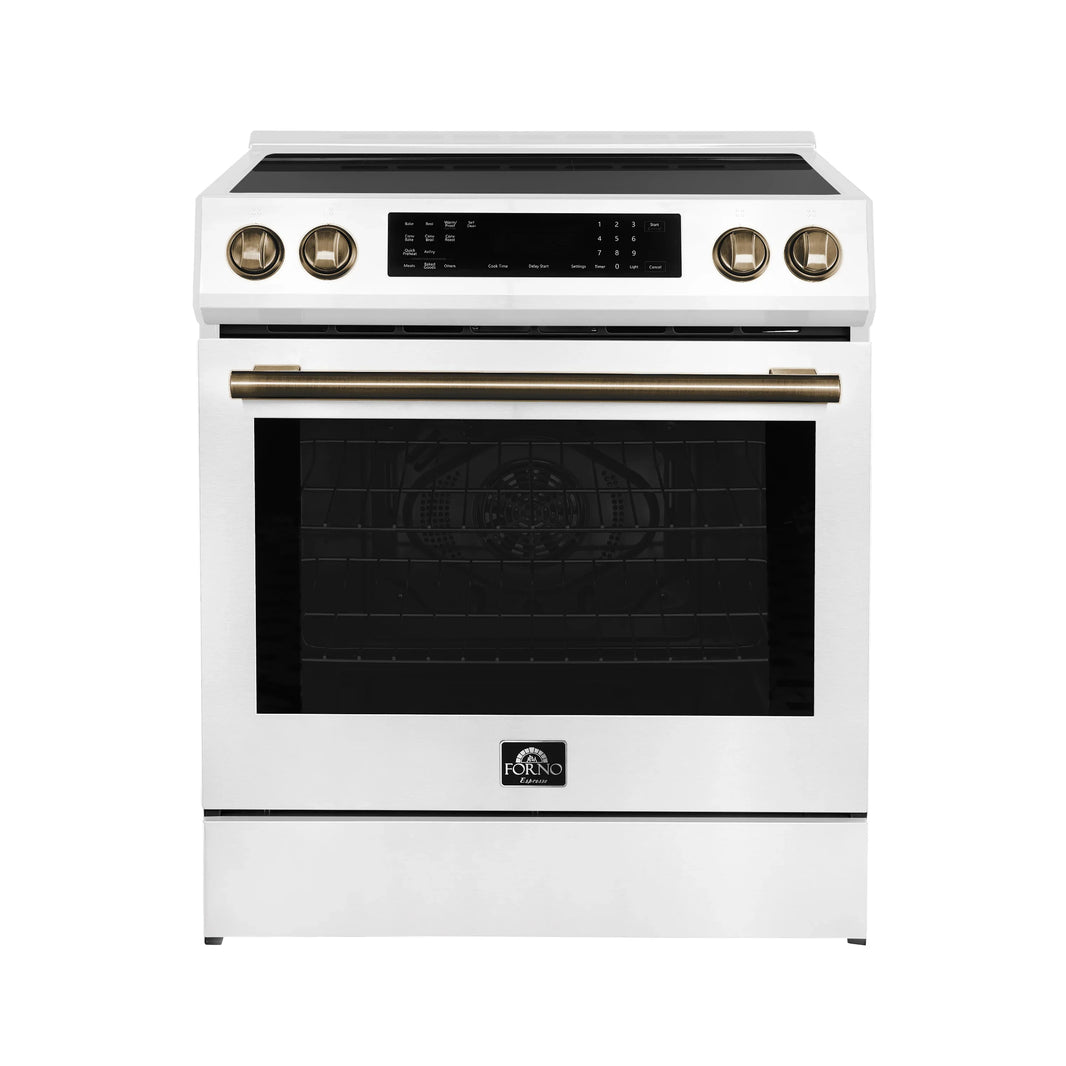 Forno Espresso Donatello 30-Inch Slide-In Induction Range in White with Antique Brass Handle (FFSIN0905-30WHT)