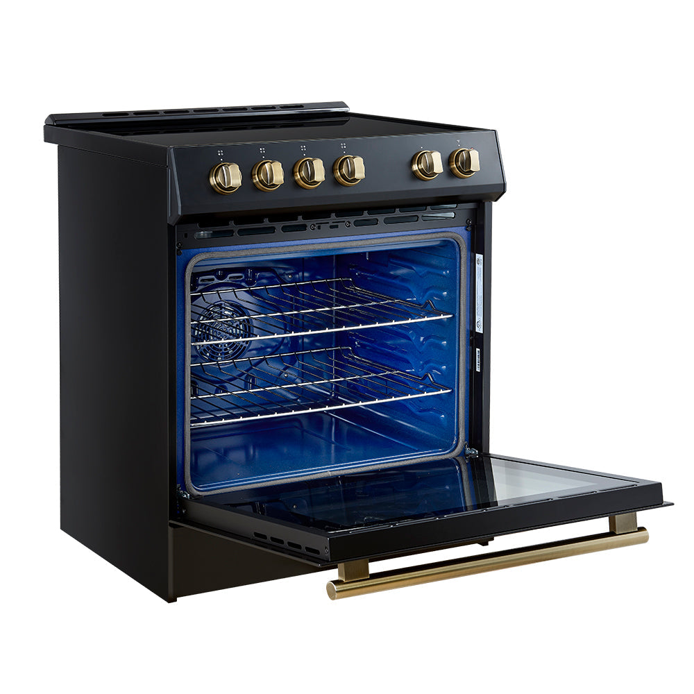 Forno Leonardo Espresso 30-Inch Slide-In Black Induction Range with Brass Trim (FFSIN0982-30BLK)