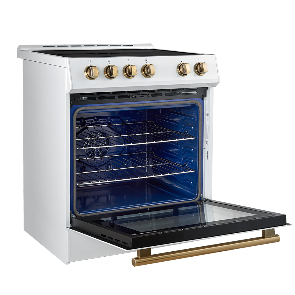 Forno Leonardo Espresso 30-Inch Slide-In White Induction Range with Brass Trim (FFSIN0982-30WHT)