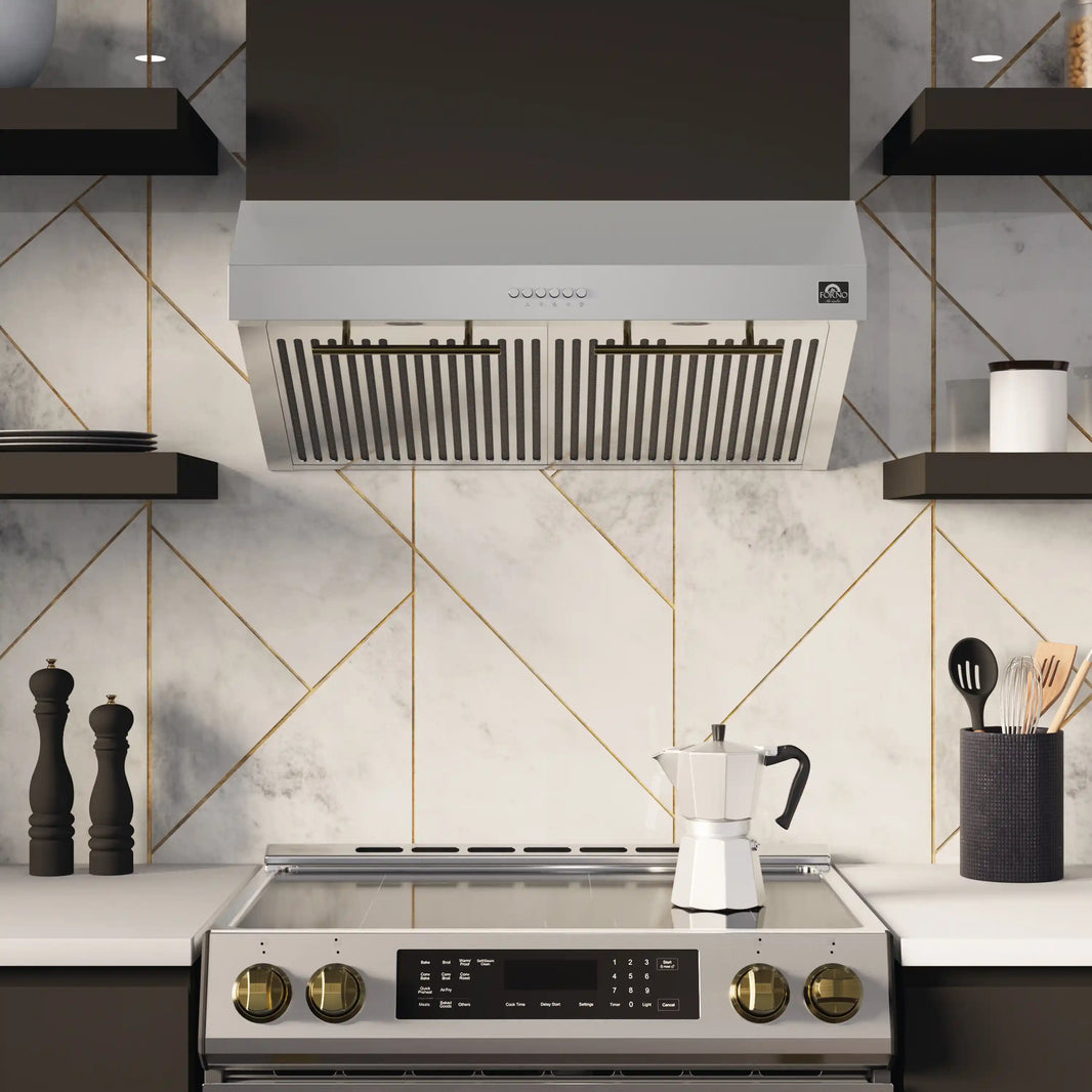 Forno Bari Espresso 30-Inch 400 CFM Under Cabinet Range Hood in Stainless Steel with Brass Handle (FRHUC5255-30)