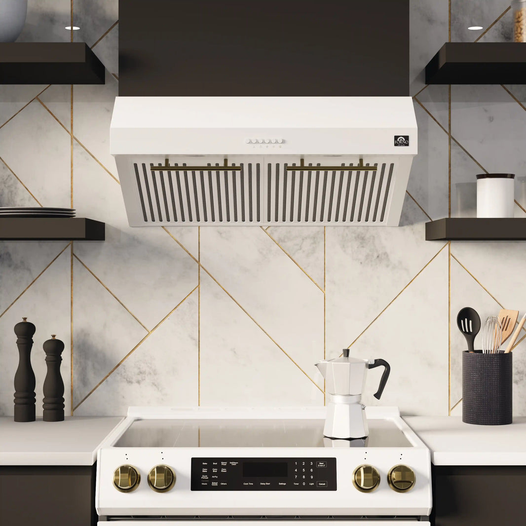 Forno Bari 30-Inch Espresso 400 CFM Under Cabinet Range Hood in White with Stainless Steel Handle (FRHUC5255-30WHT)