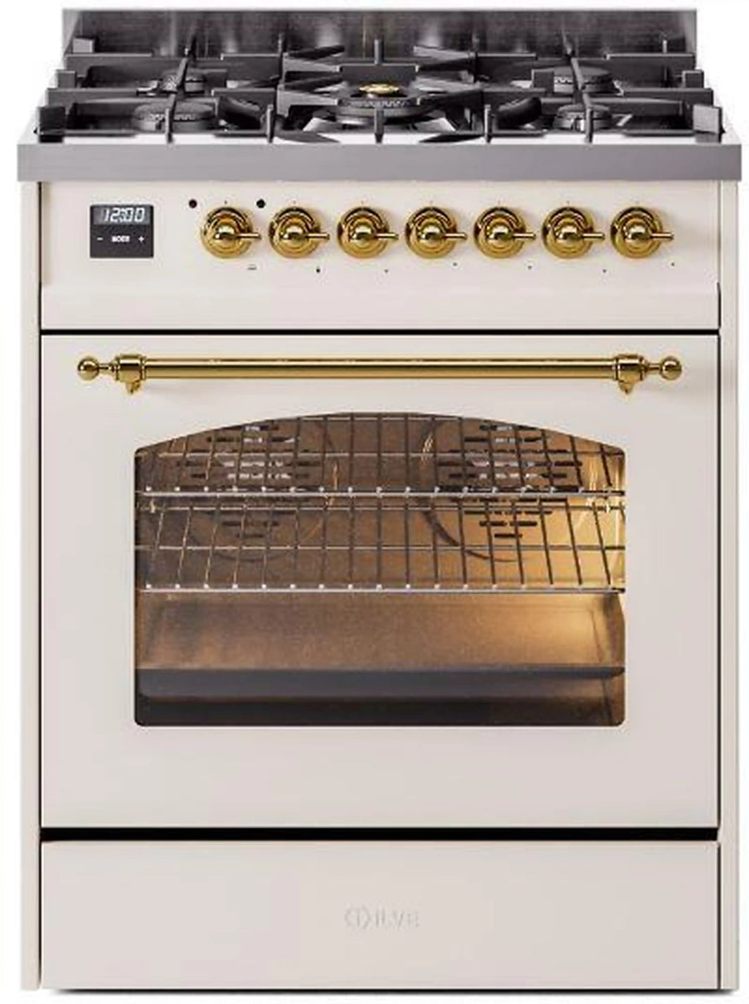 ILVE Nostalgie II 30-Inch Dual Fuel Freestanding Range in Antique White with Brass Trim (UP30NMPAWG)