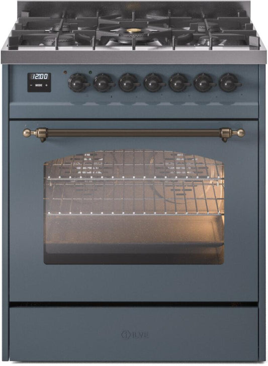 ILVE Nostalgie II 30-Inch Dual Fuel Freestanding Range in Blue Grey with Bronze Trim (UP30NMPBGB)