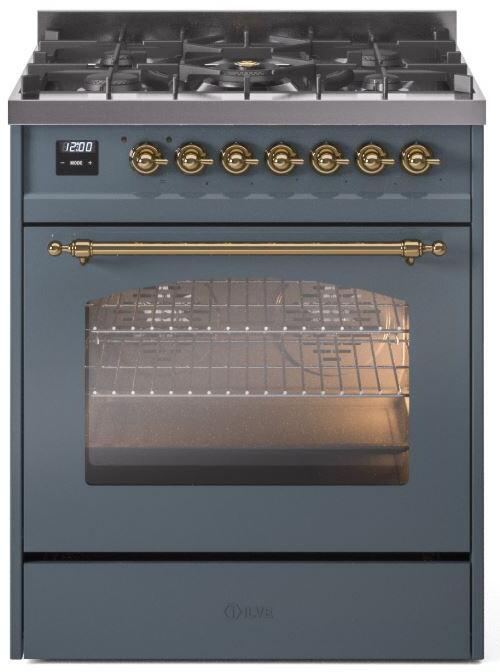 ILVE Nostalgie II 30-Inch Dual Fuel Freestanding Range in Blue Grey with Brass Trim (UP30NMPBGG)