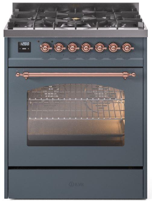 ILVE Nostalgie II 30-Inch Dual Fuel Freestanding Range in Blue Grey with Copper Trim (UP30NMPBGP)