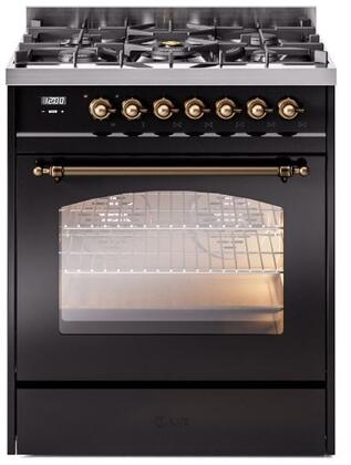 ILVE Nostalgie II 30-Inch Dual Fuel Freestanding Range in Glossy Black with Bronze Trim (UP30NMPBKB)