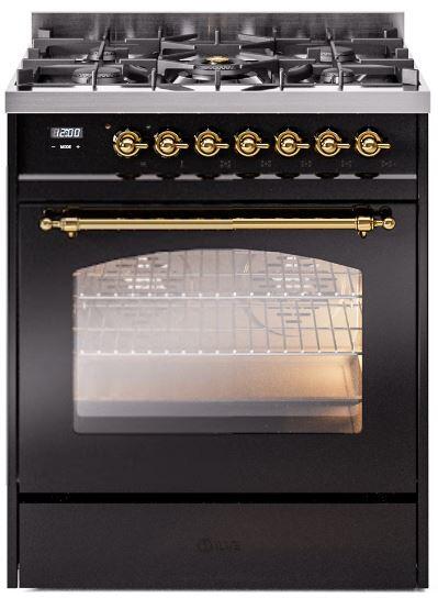 ILVE Nostalgie II 30-Inch Dual Fuel Freestanding Range in Glossy Black with Brass Trim (UP30NMPBKG)