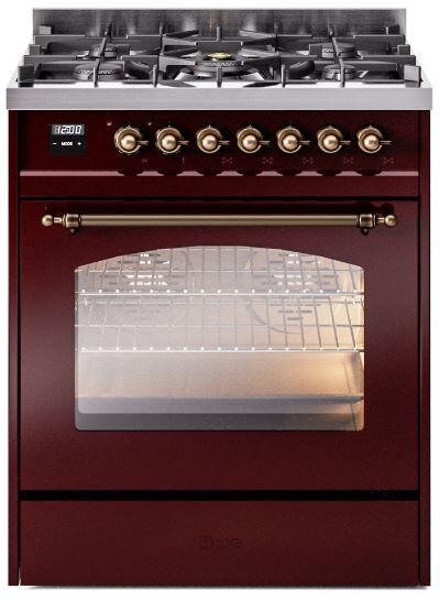 ILVE Nostalgie II 30-Inch Dual Fuel Freestanding Range in Burgundy with Bronze Trim (UP30NMPBUB)