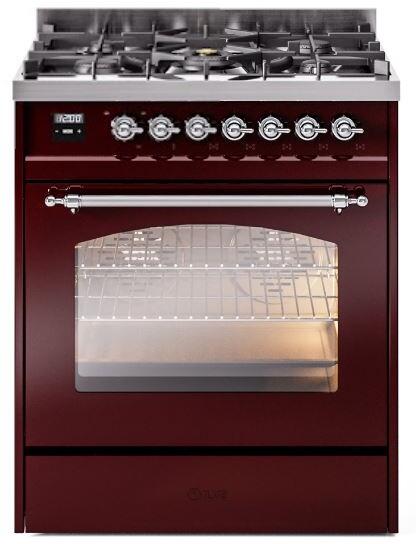 ILVE Nostalgie II 30-Inch Dual Fuel Freestanding Range in Burgundy with Chrome Trim (UP30NMPBUC)