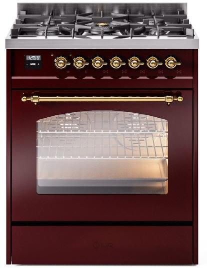 ILVE Nostalgie II 30-Inch Dual Fuel Freestanding Range in Burgundy with Brass Trim (UP30NMPBUG)