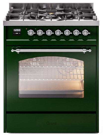 ILVE Nostalgie II 30-Inch Dual Fuel Freestanding Range in Emerald Green with Chrome Trim (UP30NMPEGC)