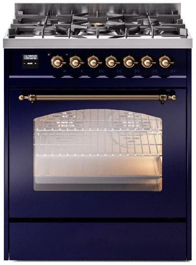 ILVE Nostalgie II 30-Inch Dual Fuel Freestanding Range in Midnight Blue with Bronze Trim (UP30NMPMBB)