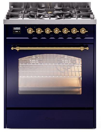 ILVE Nostalgie II 30-Inch Dual Fuel Freestanding Range in Midnight Blue with Brass Trim (UP30NMPMBG)