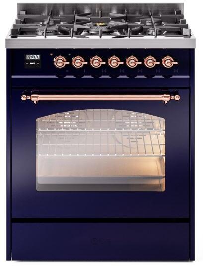 ILVE Nostalgie II 30-Inch Dual Fuel Freestanding Range in Midnight Blue with Copper Trim (UP30NMPMBP)