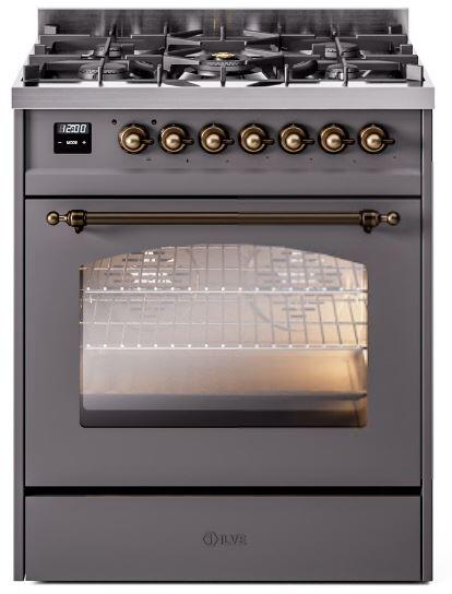 ILVE Nostalgie II 30-Inch Dual Fuel Freestanding Range in Matte Graphite with Bronze Trim (UP30NMPMGB)