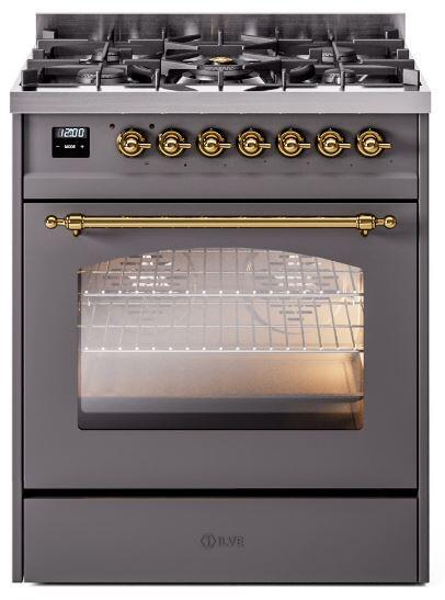 ILVE Nostalgie II 30-Inch Dual Fuel Freestanding Range in Matte Graphite with Brass Trim (UP30NMPMGG)