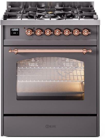 ILVE Nostalgie II 30-Inch Dual Fuel Freestanding Range in Matte Graphite with Copper Trim (UP30NMPMGP)