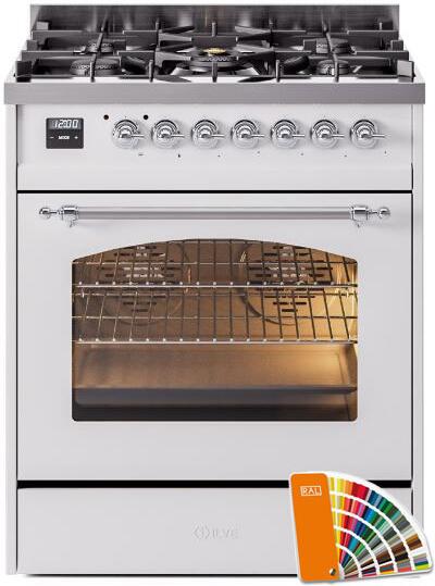 ILVE Nostalgie II 30-Inch Dual Fuel Freestanding Range in Custom RAL with Chrome Trim (UP30NMPRAC)