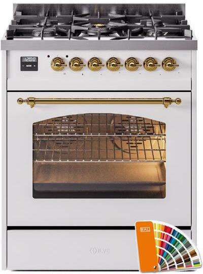 ILVE Nostalgie II 30-Inch Dual Fuel Freestanding Range in Custom RAL with Brass Trim (UP30NMPRAG)