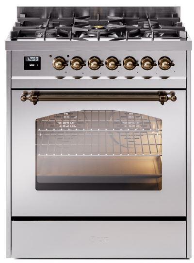 ILVE Nostalgie II 30-Inch Dual Fuel Freestanding Range in Stainless Steel with Bronze Trim (UP30NMPSSB)