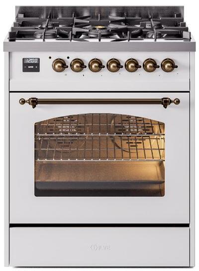 ILVE Nostalgie II 30-Inch Dual Fuel Freestanding Range in White with Bronze Trim (UP30NMPWHB)