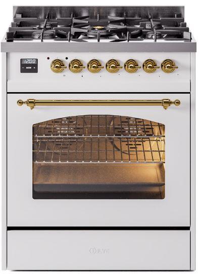 ILVE Nostalgie II 30-Inch Dual Fuel Freestanding Range in White with Brass Trim (UP30NMPWHG)