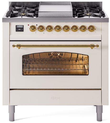 ILVE Nostalgie II 36-Inch Dual Fuel Freestanding Range in Antique White with Brass Trim (UP36FNMPAWG)