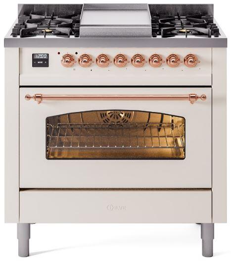 ILVE Nostalgie II 36-Inch Dual Fuel Freestanding Range in Antique White with Copper Trim (UP36FNMPAWP)